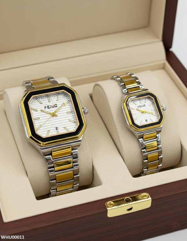 WHU00011 HWR Square White Dial Couple Watch - WHU