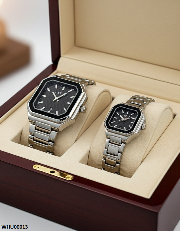 WHU00013 HWR Square Black Dial Couple Watch - WHU