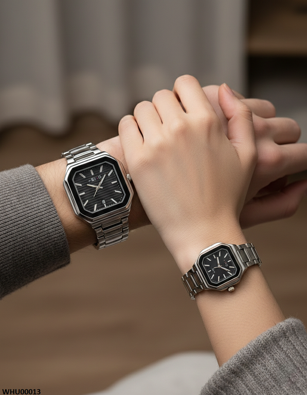 WHU00013 HWR Square Black Dial Couple Watch - WHU