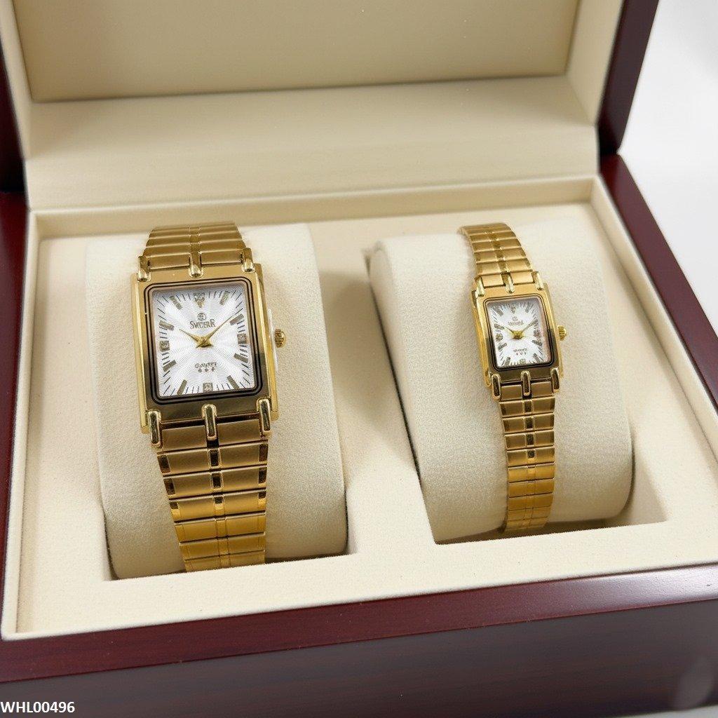 WHL00496 IWA Rectangle Bezel Stone Dial Couple Watch - WHL