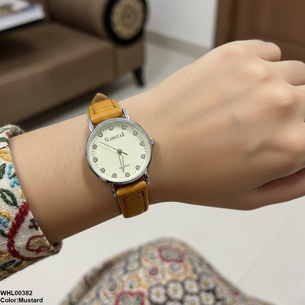 WHL00382 IWA Round Stone Silver Bezel Women's Leather Strap Watch - WHL