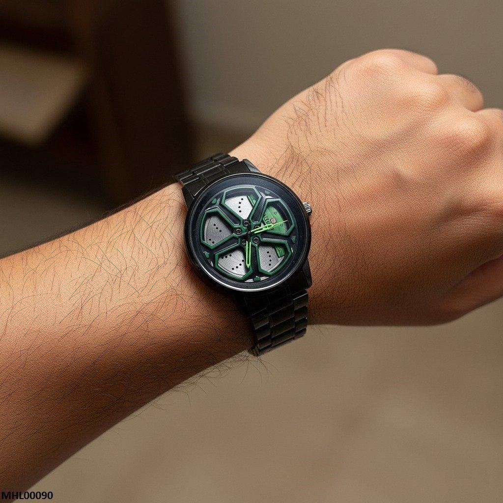 MHL00090 HWR Round Car Wheel Green Rim Men's Watch - MHL